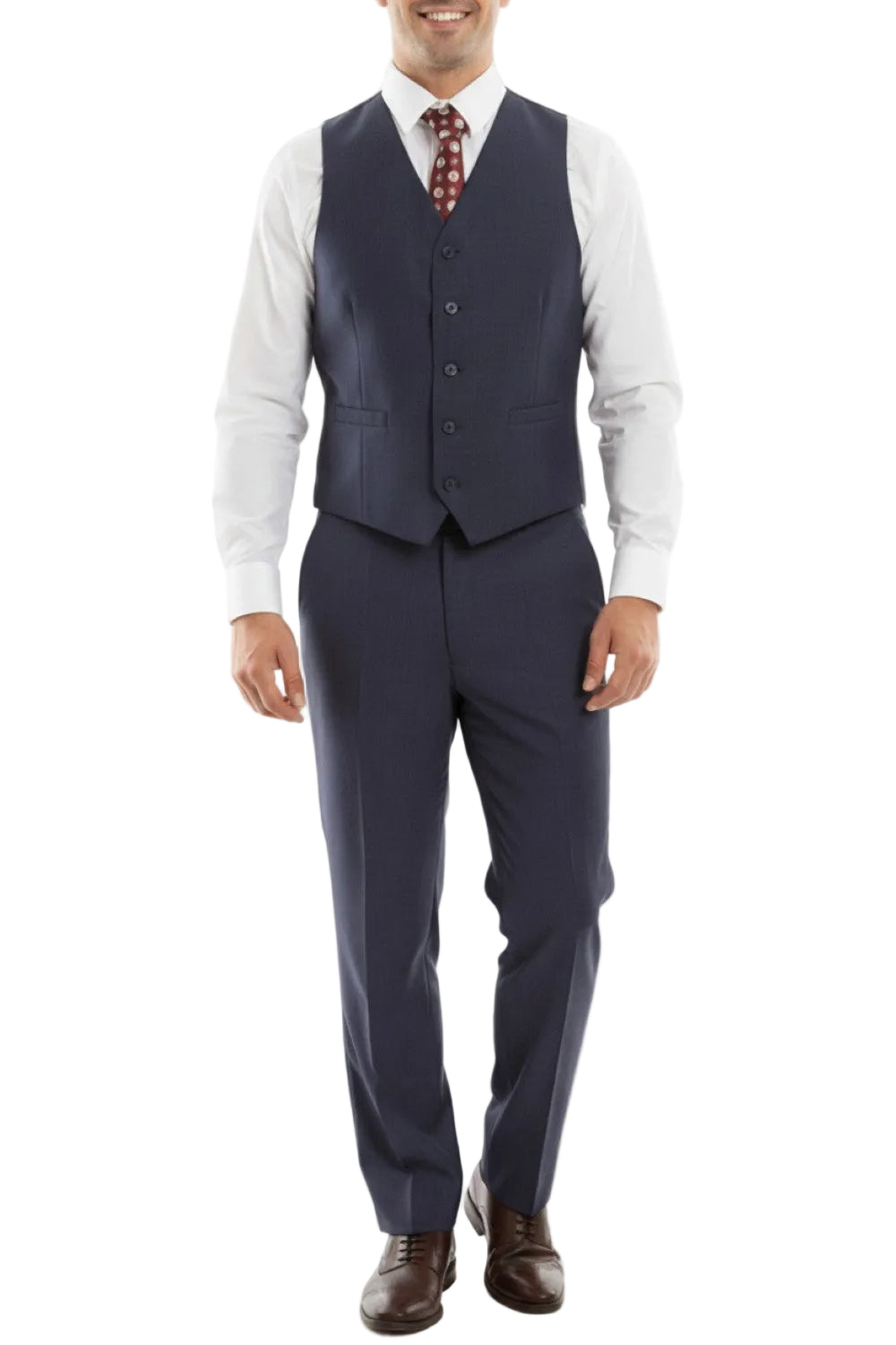 Man wearing a navy suit with a white shirt and patterned tie on a white background