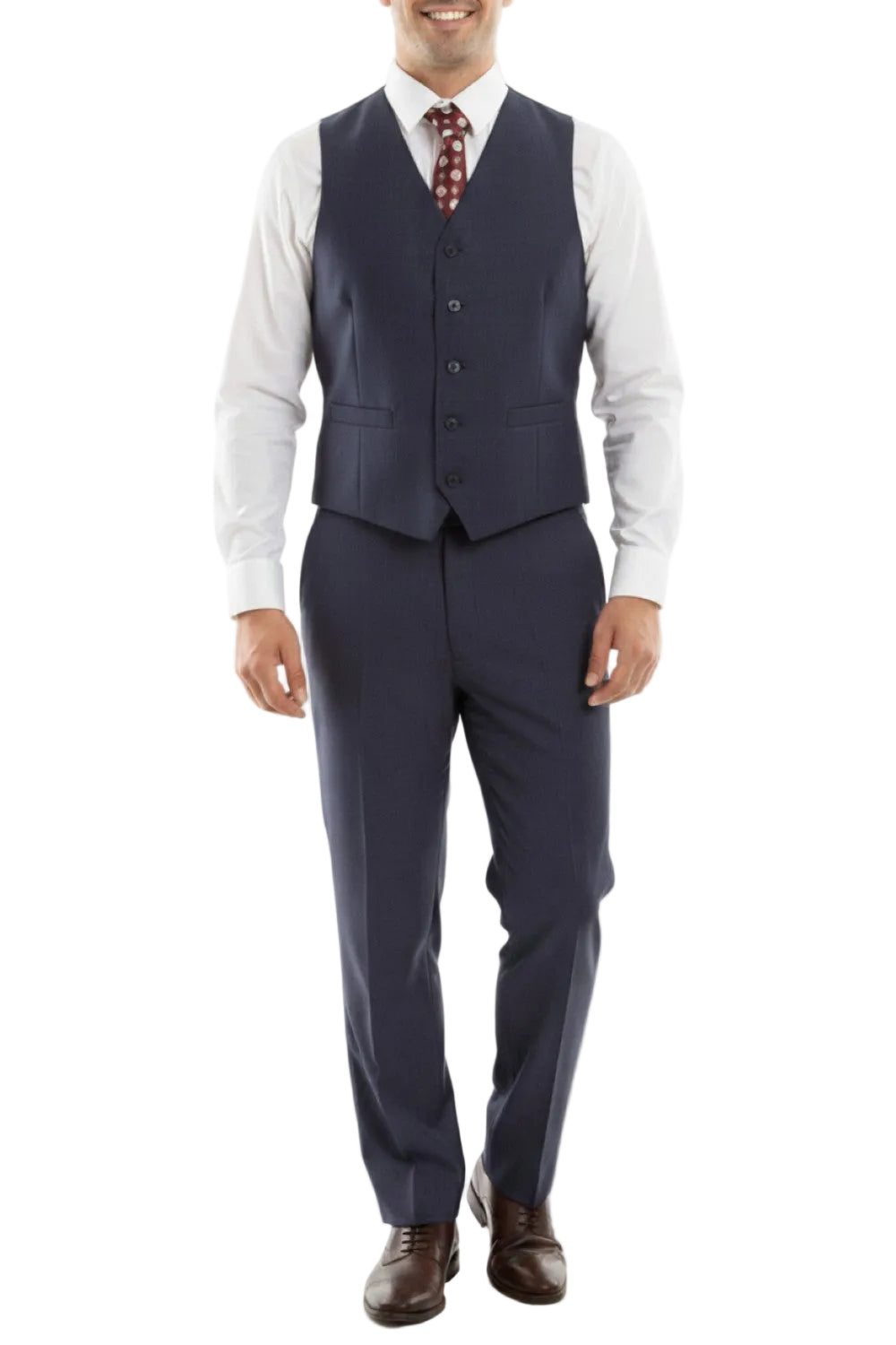 Man wearing a navy suit with a white shirt and patterned tie on a white background