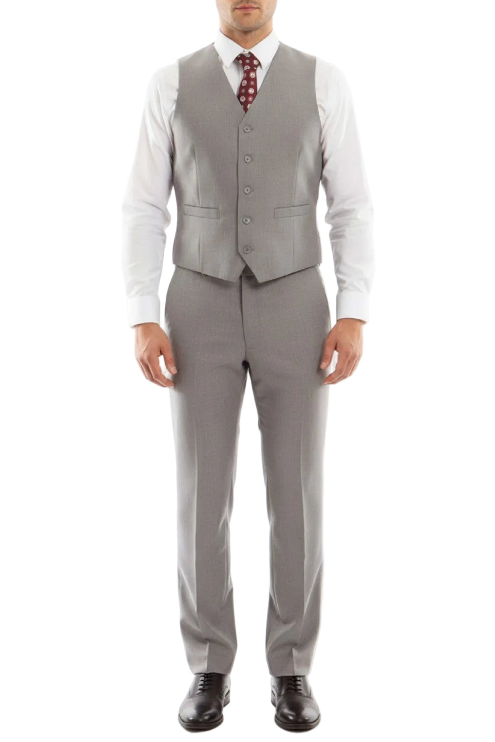 Gray suit with vest and pants on a white background