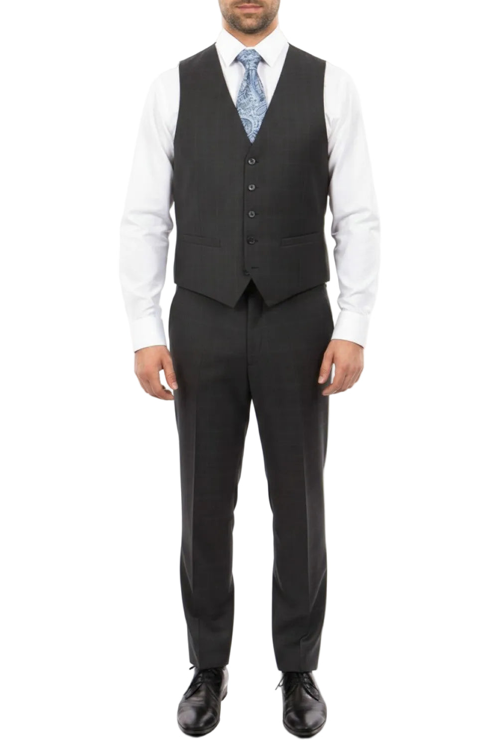 Man wearing a gray suit vest, white shirt, and black pants on a white background