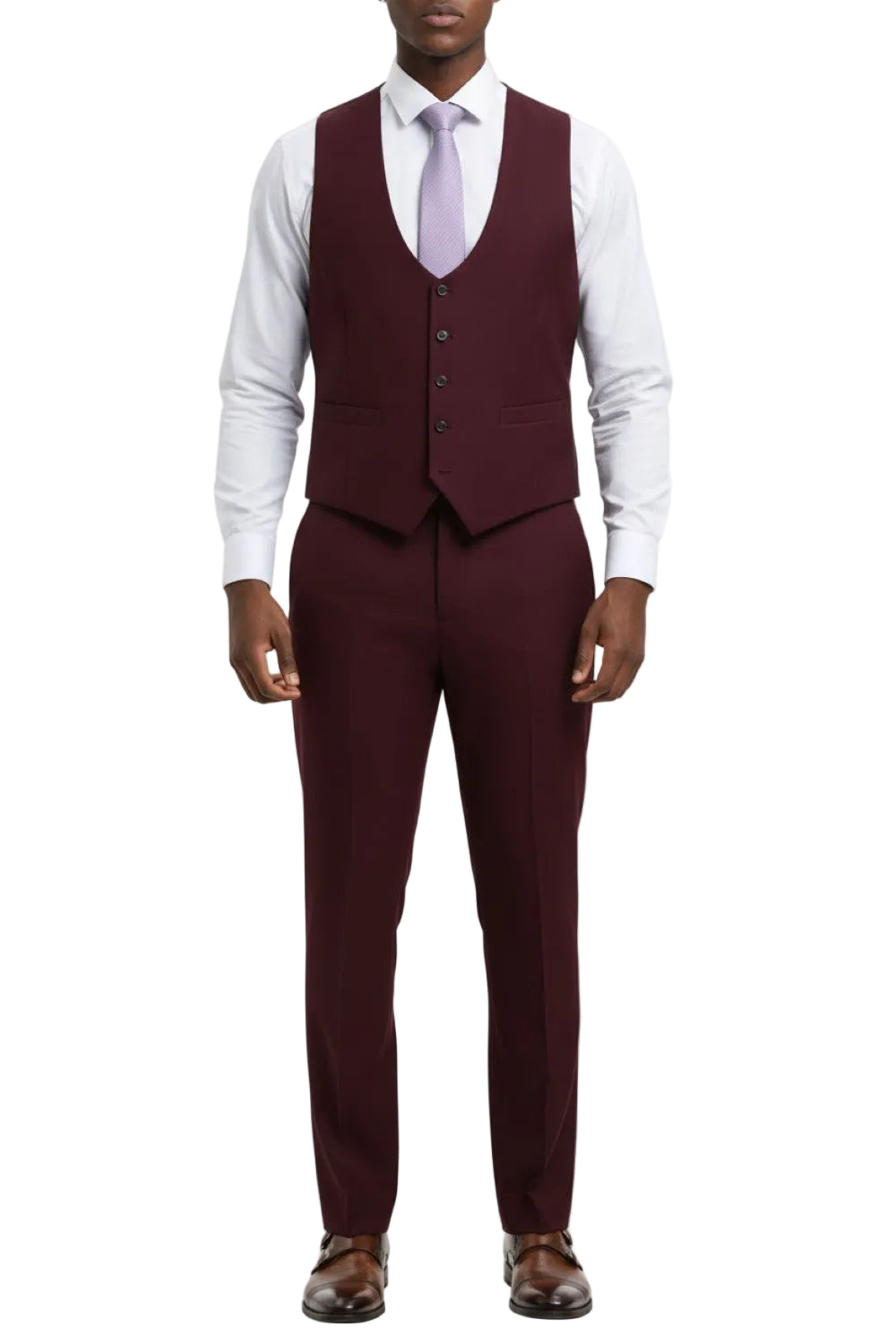 Man wearing a burgundy suit with a white shirt and tie on a white background