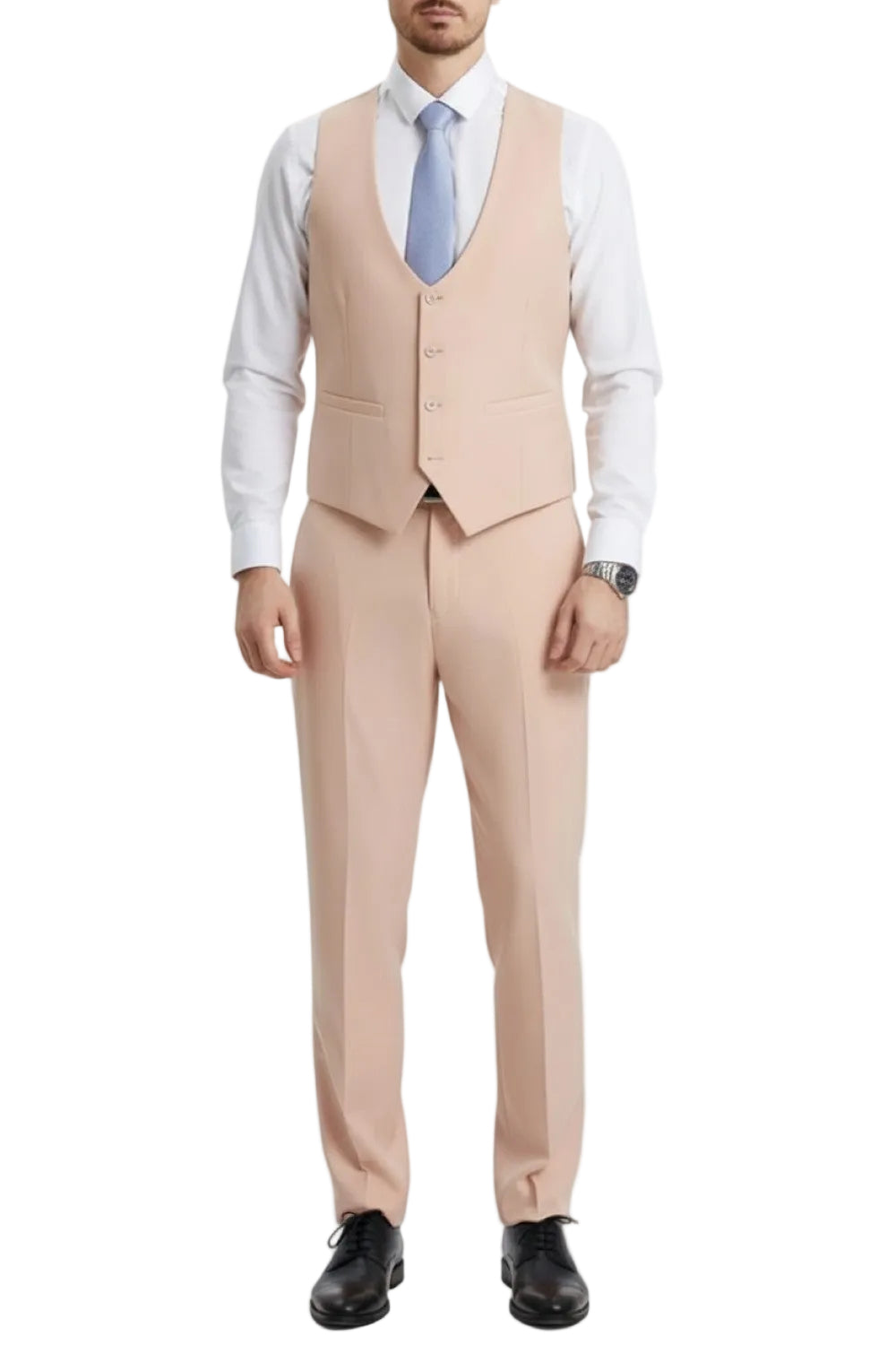 Man wearing a blush suit vest and pants with a white shirt and blue tie on a white background