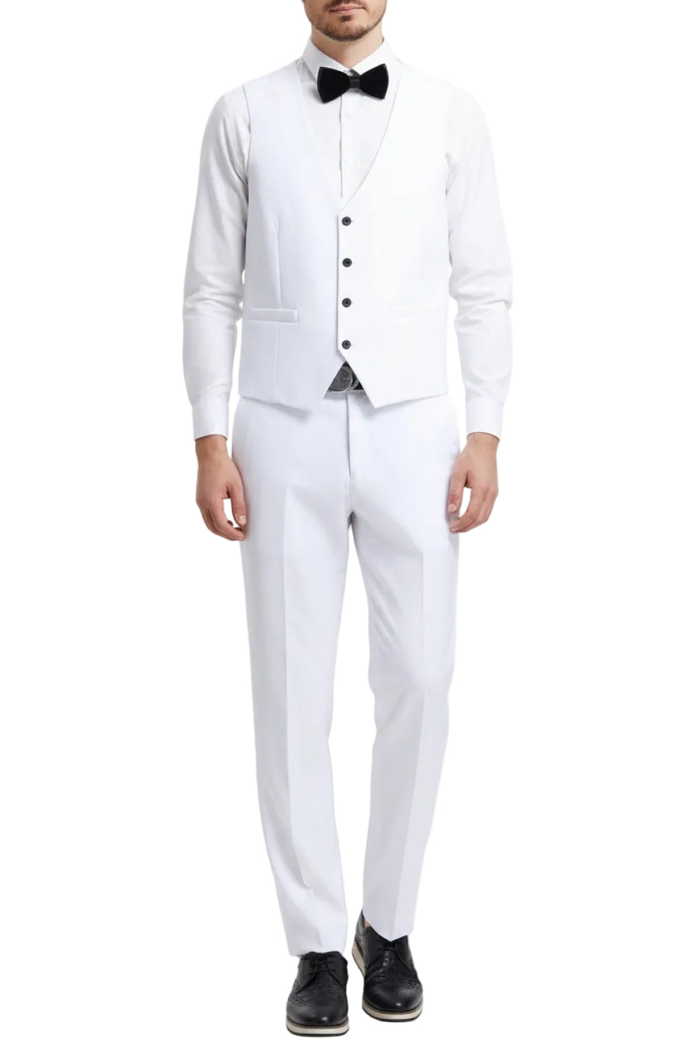 White tuxedo with a black bow tie on a white background