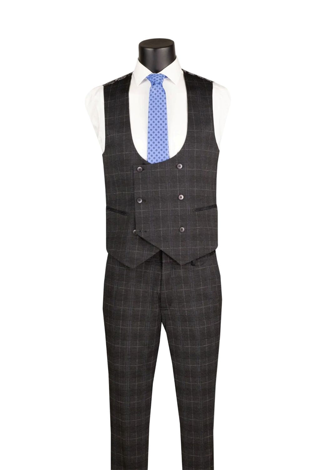 Gray checkered suit vest and pants with a white shirt and blue tie on a mannequin against a white background
