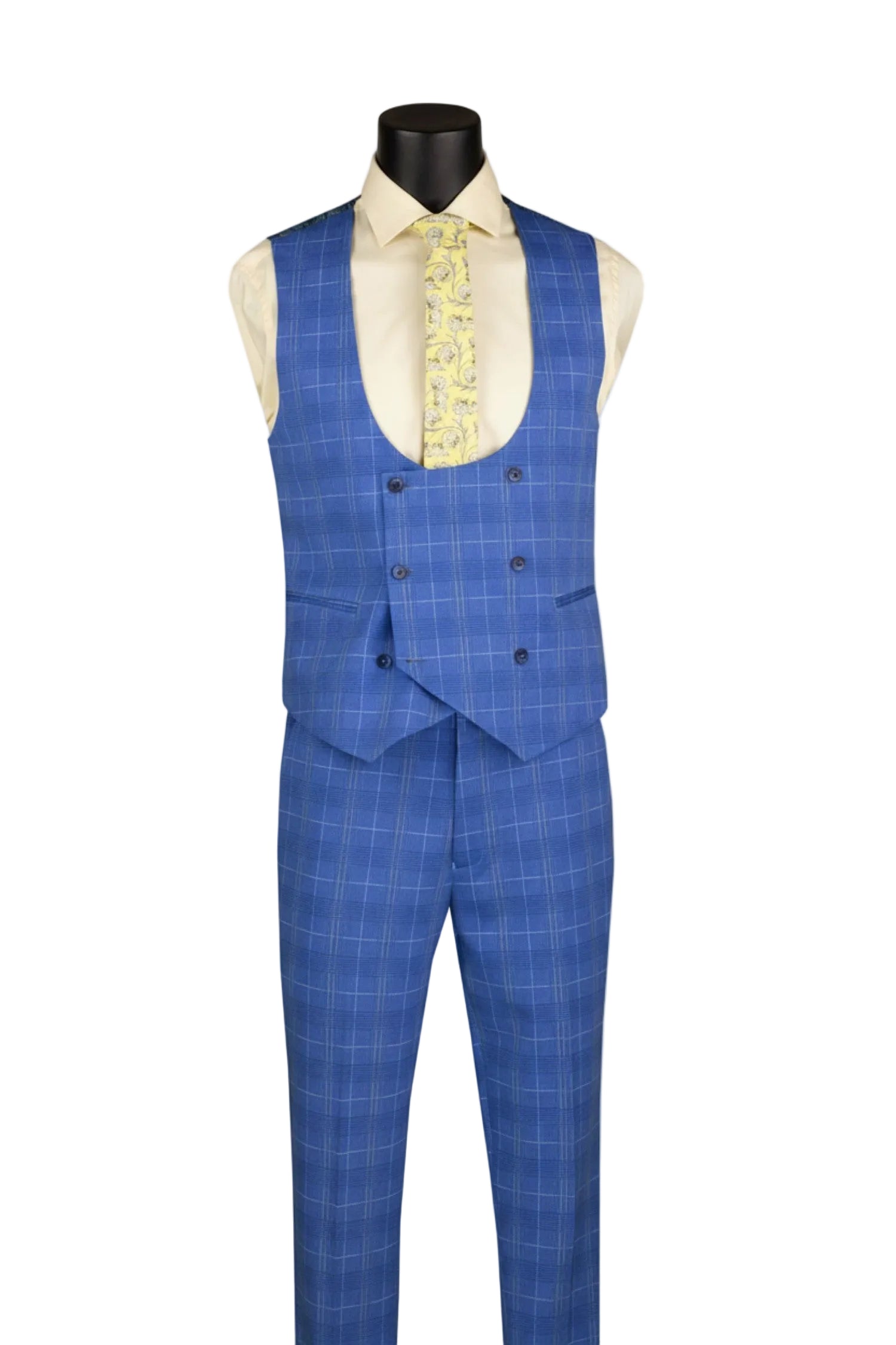 Blue checkered suit vest and pants on a mannequin with a white background