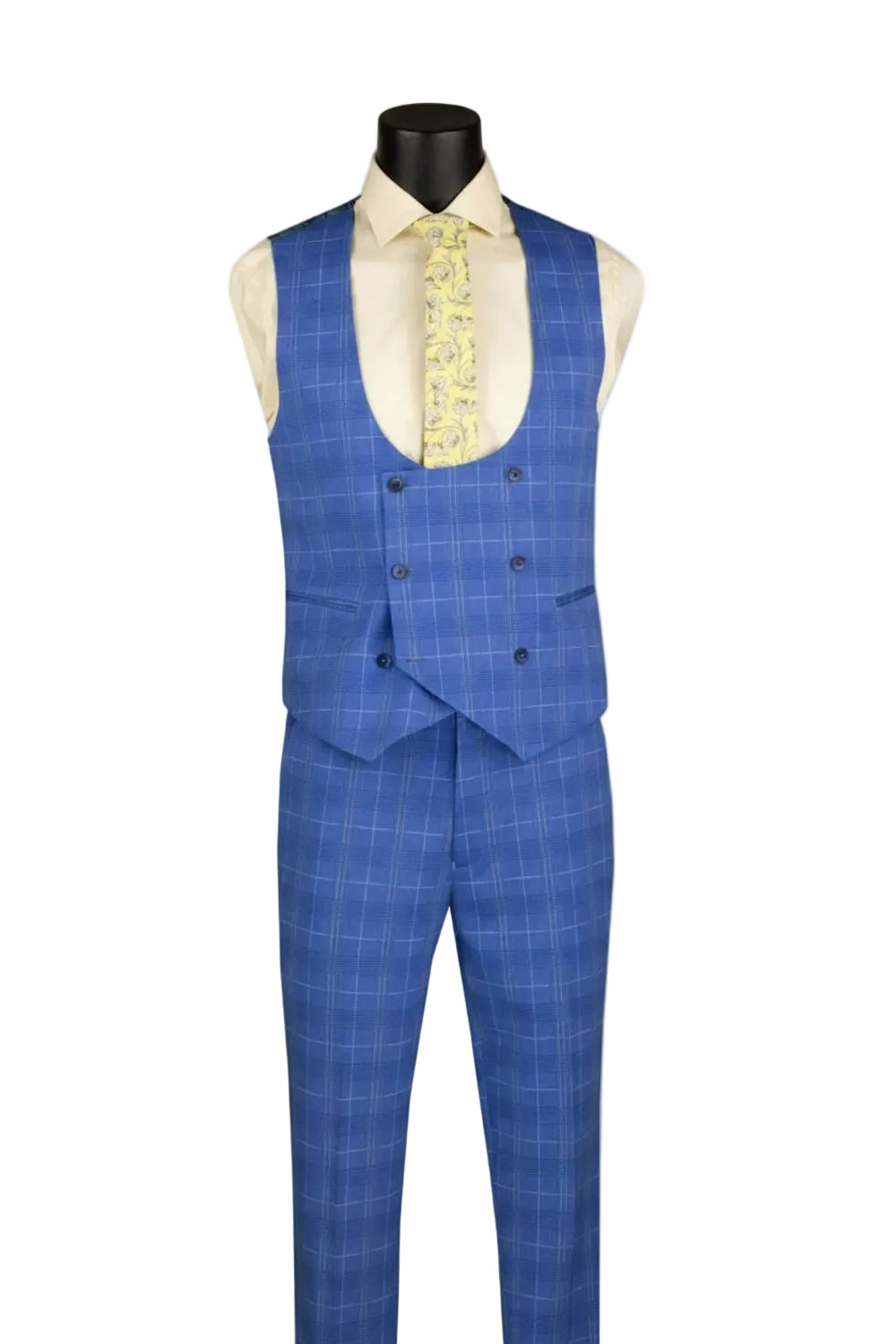 Blue checkered suit vest and pants on a mannequin with a white background