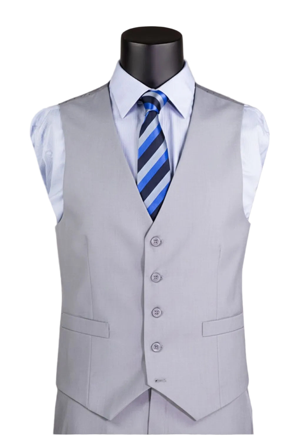 Gray vest with a striped tie on a mannequin against a gradient background