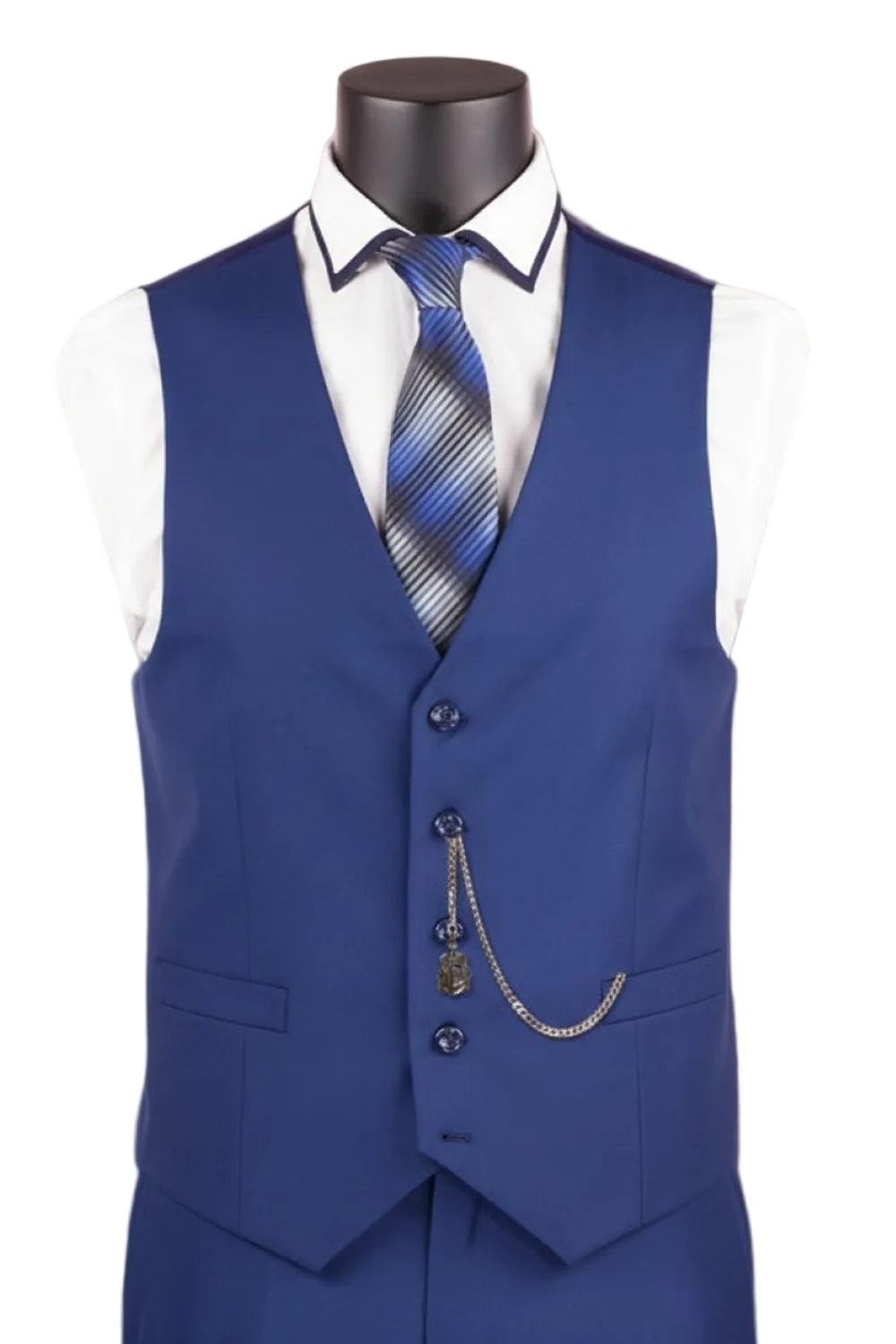 Blue vest with a white shirt and striped tie on a mannequin against a brown background