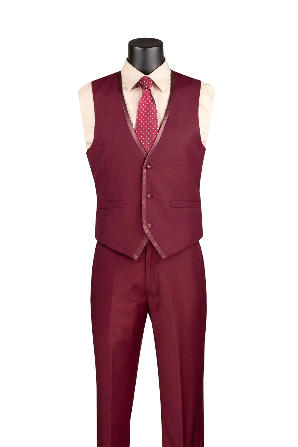 Burgundy suit with a red tie on a mannequin against a white background
