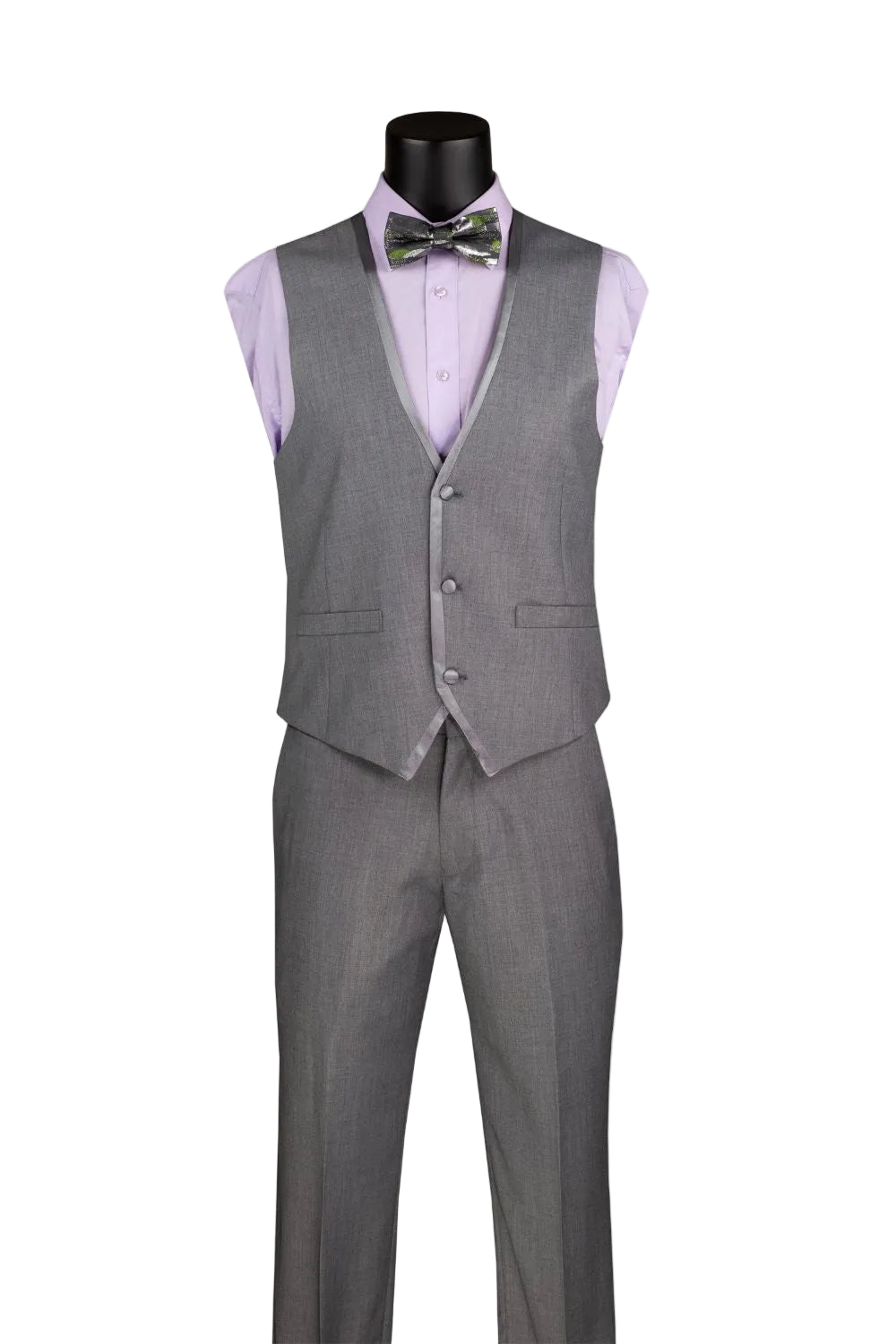 Gray suit vest and pants with a light purple shirt and green bow tie on a mannequin against a white background.