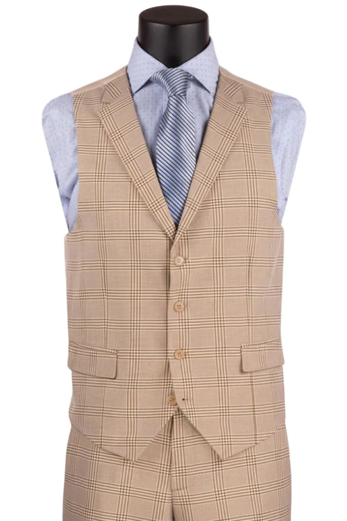 Beige men's slim fit three piece windowpane suit vest