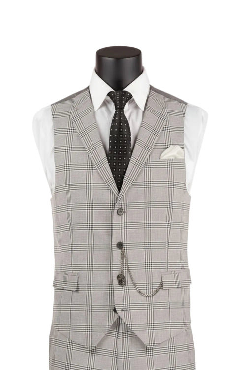 Black and gray men's slim fit three piece windowpane suit vest