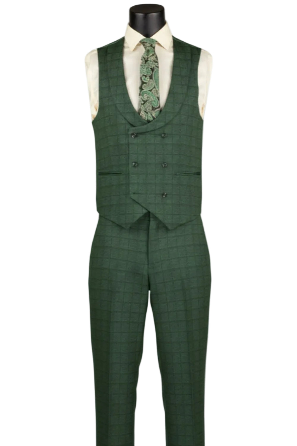 Green checkered suit vest and pants on a mannequin with a white shirt and green tie.