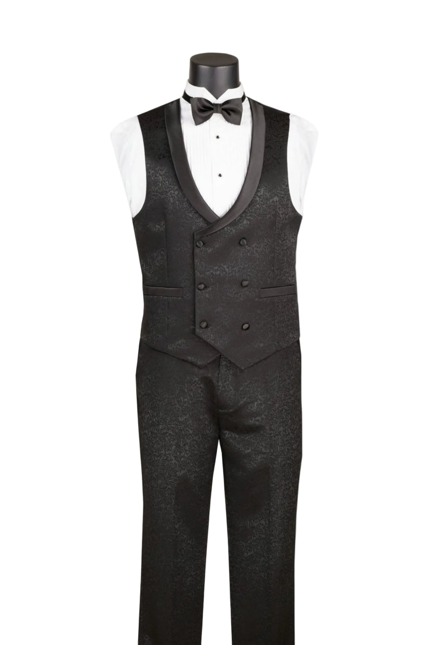Black tuxedo vest and pants on a mannequin with a white shirt and bow tie against a white background