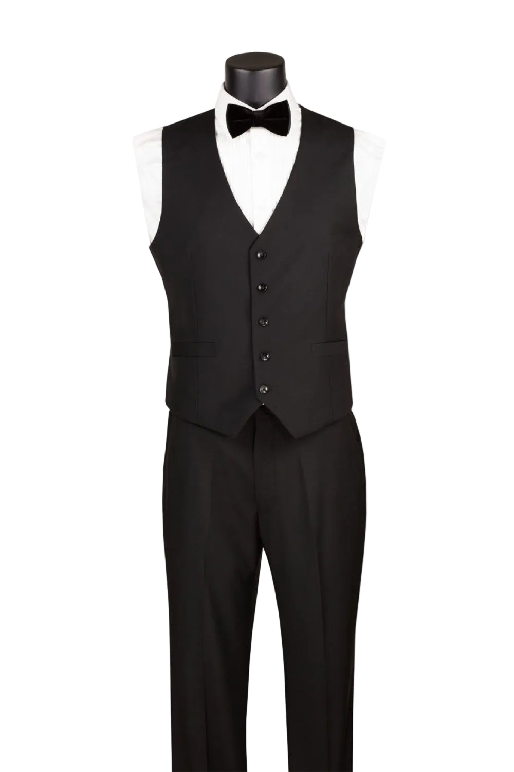 Black tuxedo vest and pants on a mannequin with a white shirt and black bow tie.
