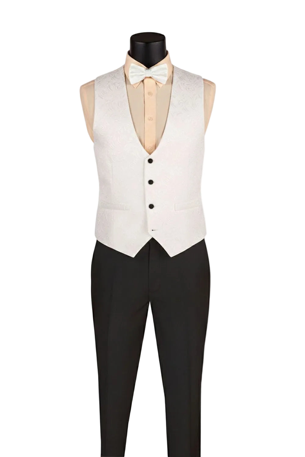 White vest with black pants on a mannequin against a white background