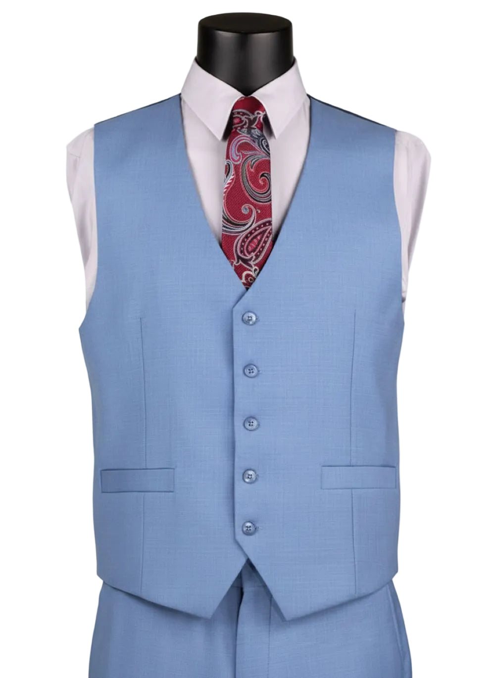Light blue vest with a white shirt and red paisley tie on a mannequin against a white background