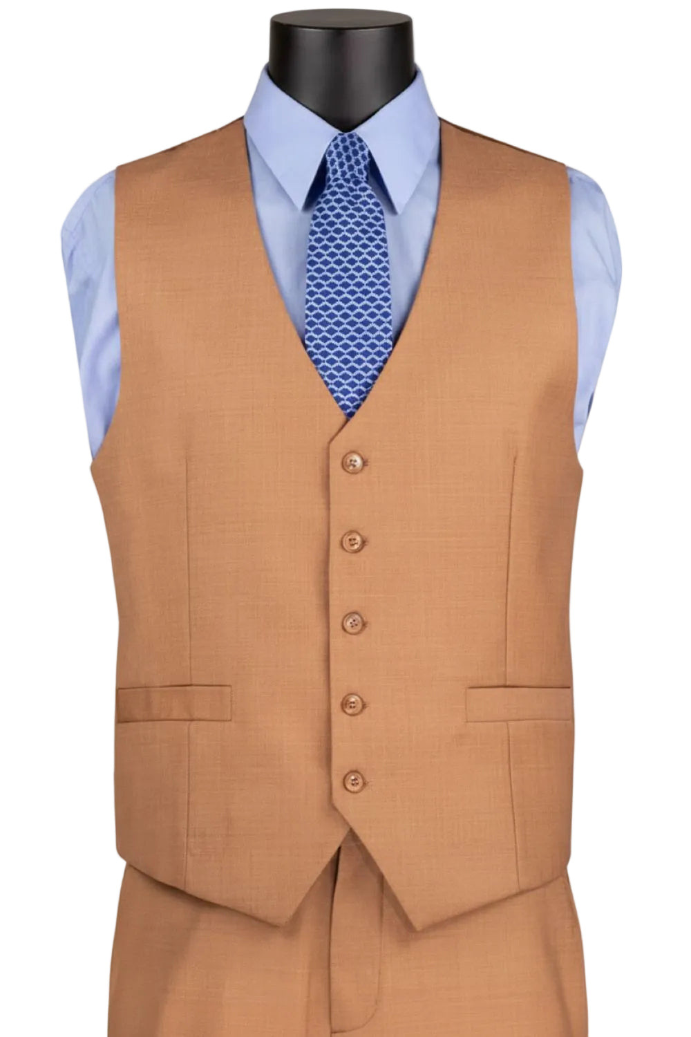 Brown vest with buttons on a mannequin against a white background
