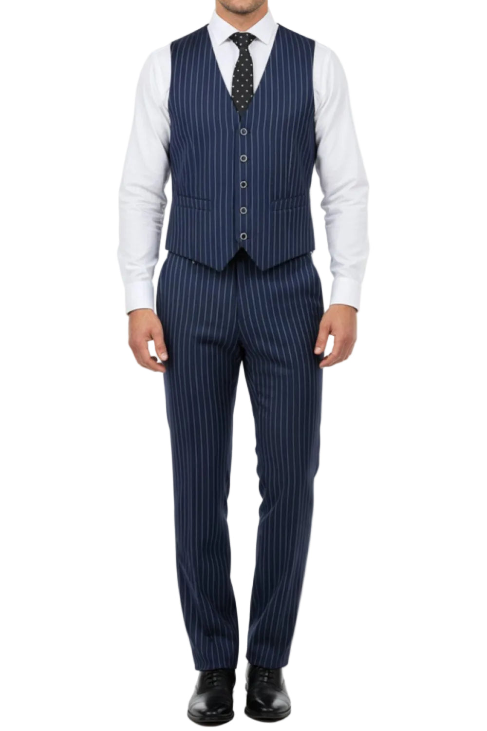 Man wearing a Blue pinstripe suit with a white shirt and black shoes on a white background