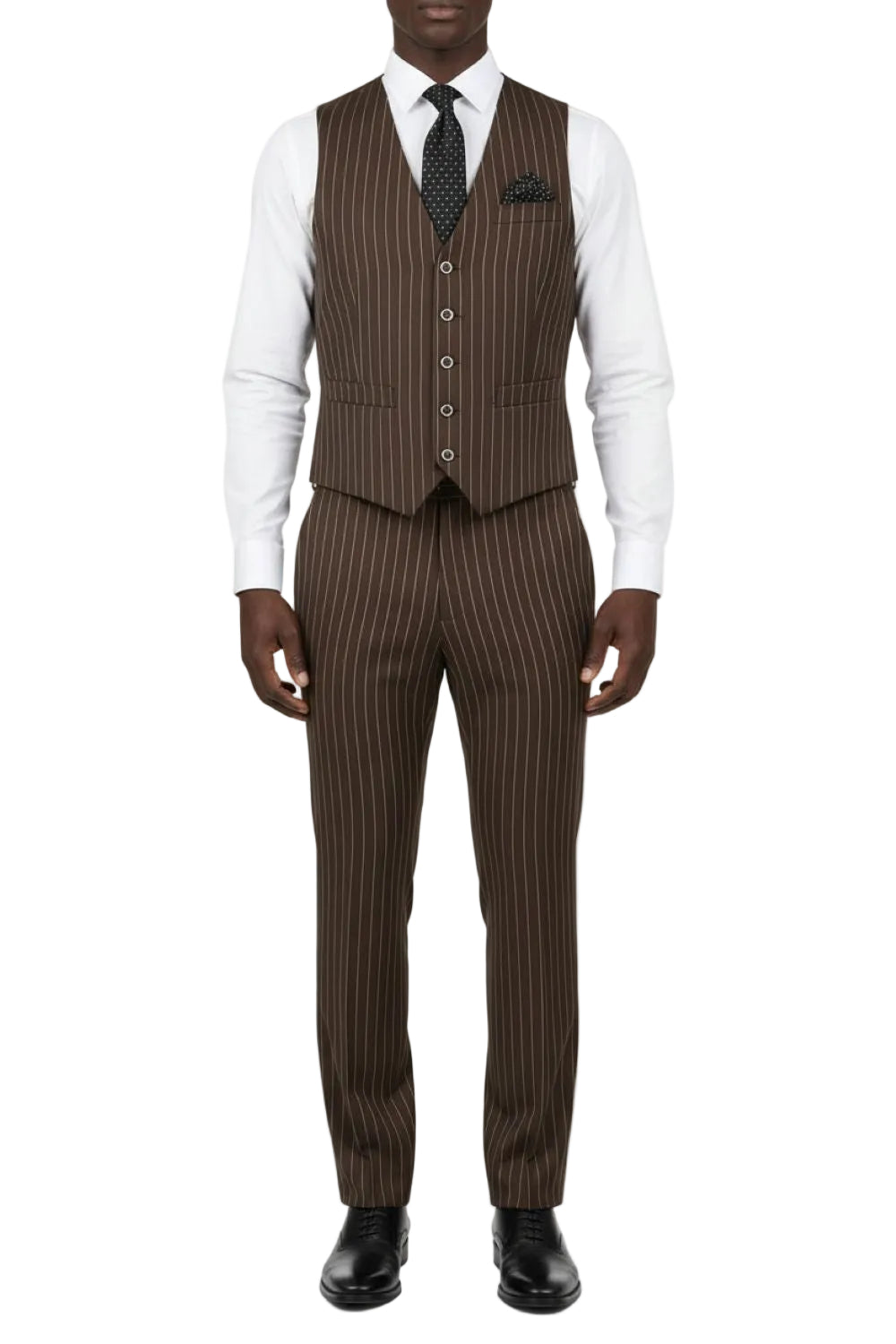 Man wearing a brown pinstripe suit with a white shirt on a white background