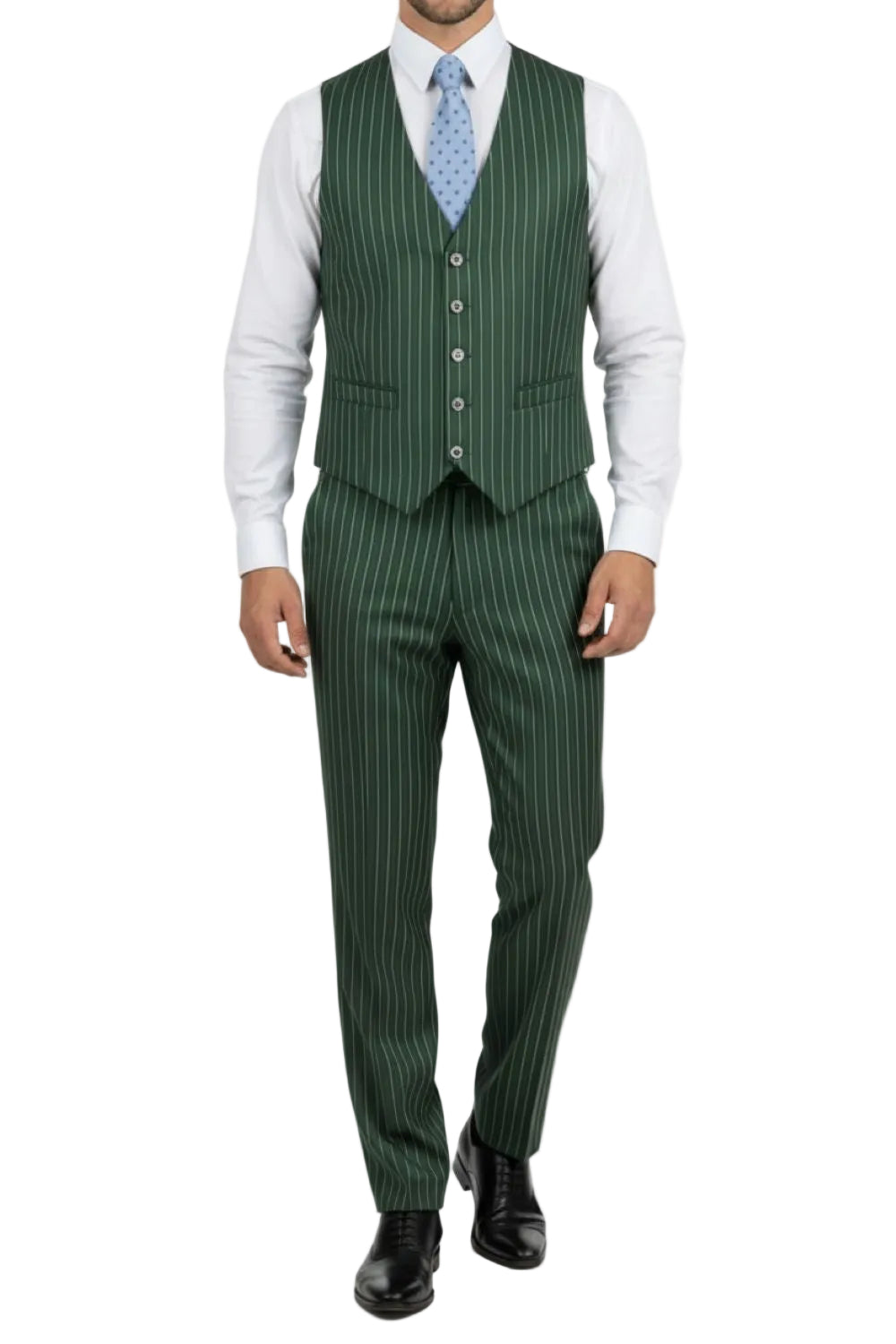 Green pinstripe suit with vest and white shirt on a white background