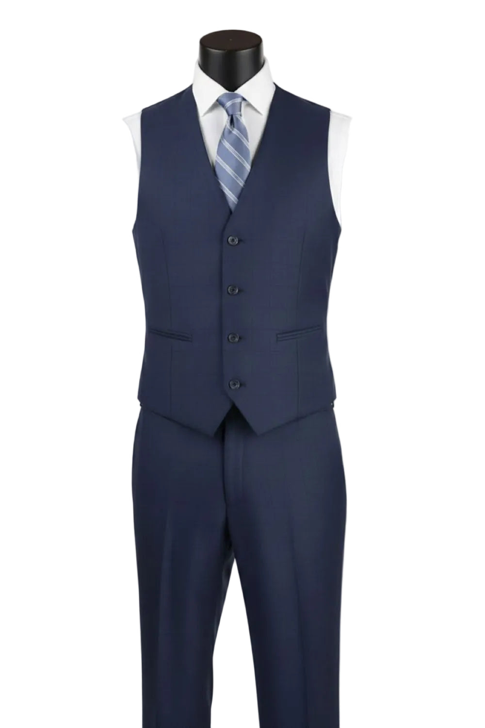 Navy blue suit vest and pants on a mannequin with a white shirt and patterned tie.