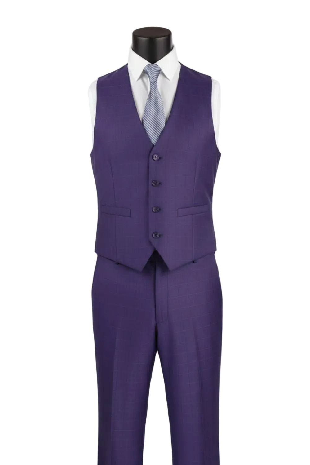 Purple suit vest and pants on a mannequin with a white shirt and blue tie.