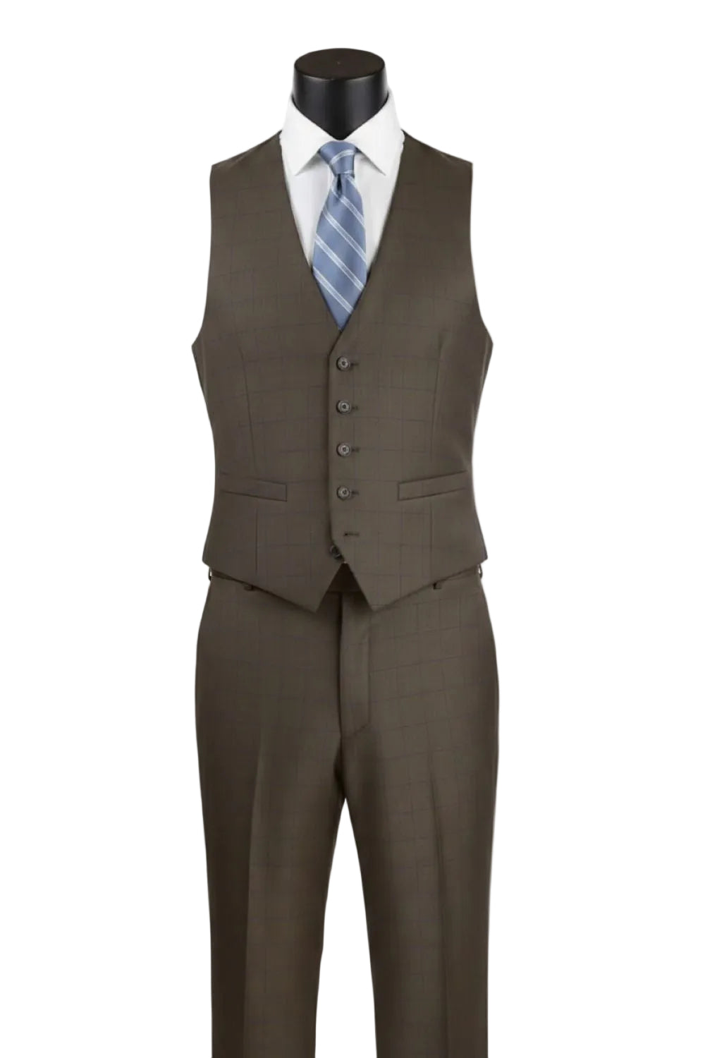 Brown suit vest and pants on a mannequin with a white shirt and blue tie.