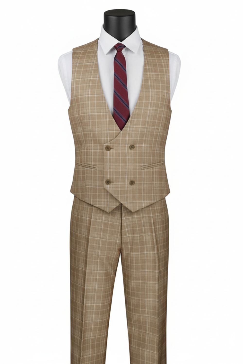 Vinci Renaissance Collection Regular Fit Glen Plaid 3 Piece Suit in Camel, with a visible tie.