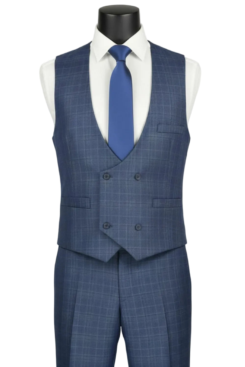 Blue checkered suit vest with a white shirt and blue tie on a mannequin against a white background
