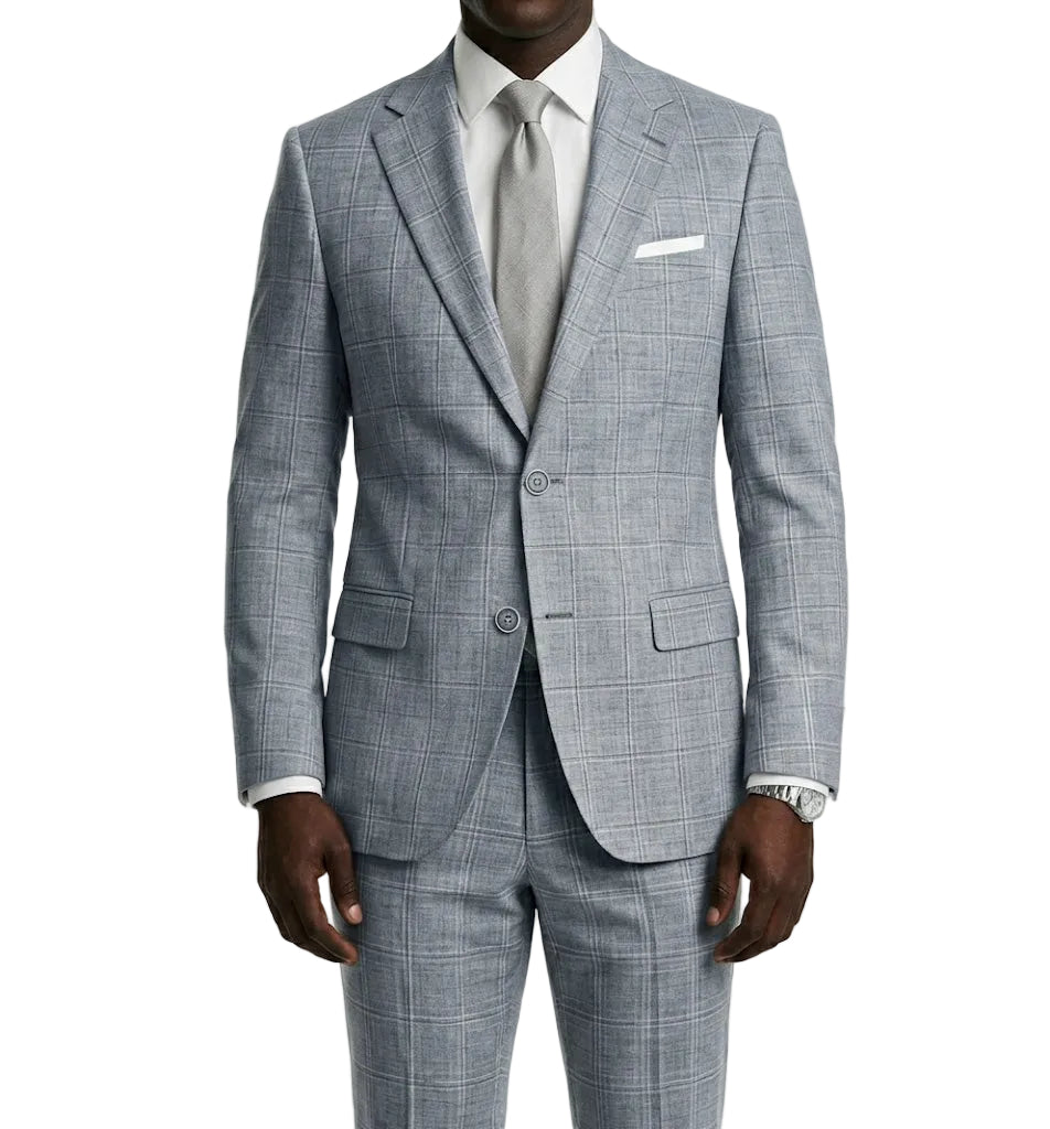 Gray checkered suit with white shirt and tie on a white background