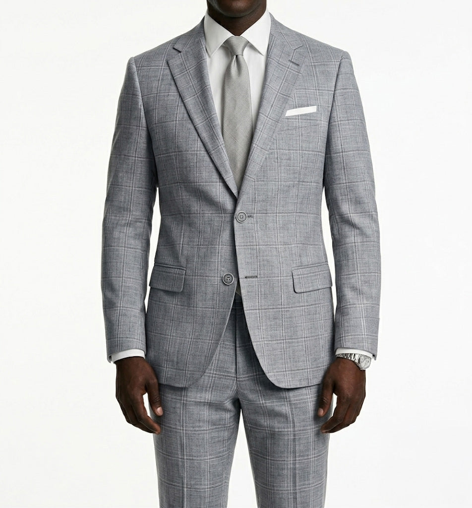 Gray checkered suit with white shirt and tie on a white background