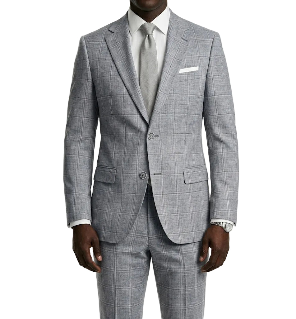 Gray checkered suit with white shirt and tie on a white background