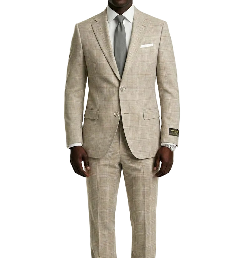 Beige checkered suit with gray tie on a white background