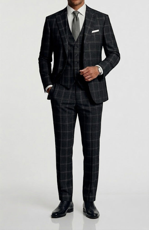 Plaid 3 Piece Regular Fit Suit in Black