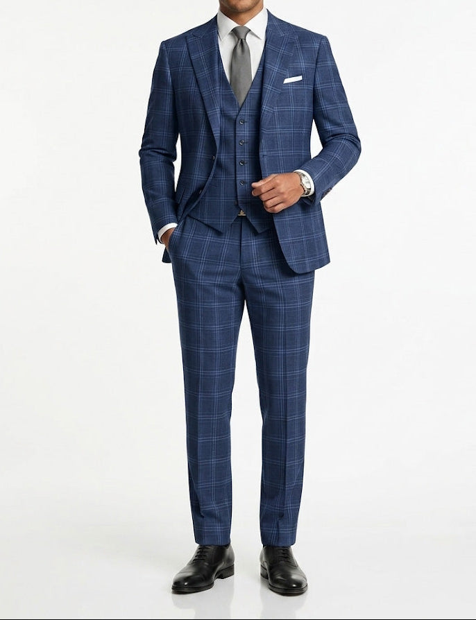 Plaid 3 Piece Regular Fit Suit in Blue