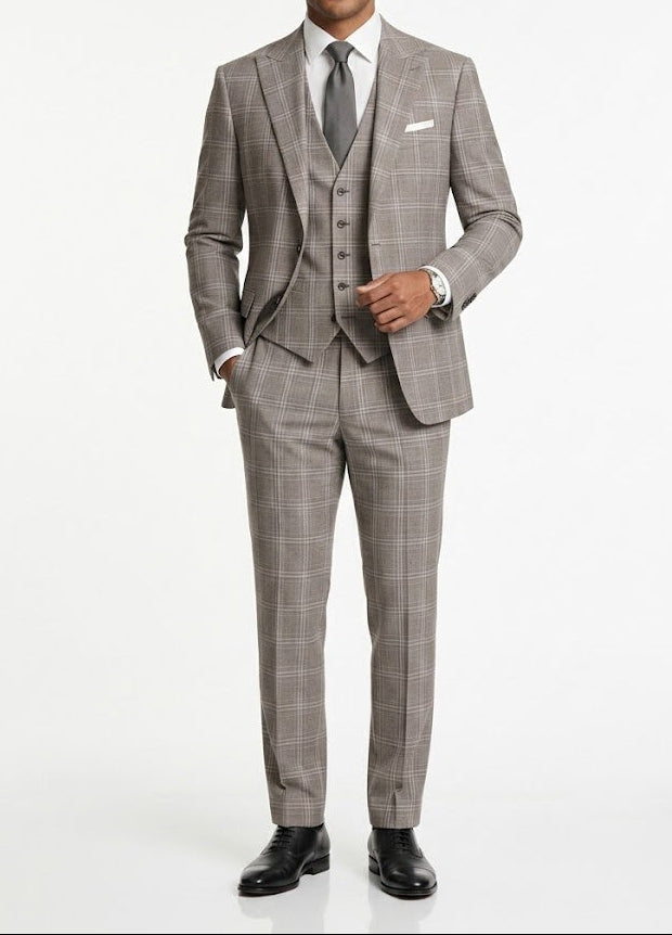 Plaid 3 Piece Regular Fit Suit in Taupe