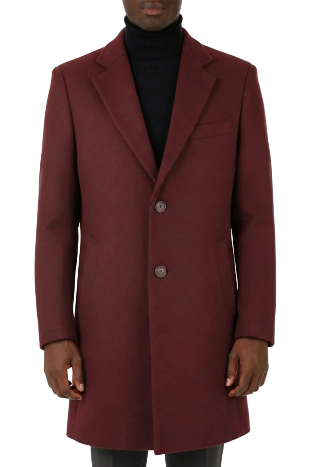 Maroon coat worn by a person on a white background