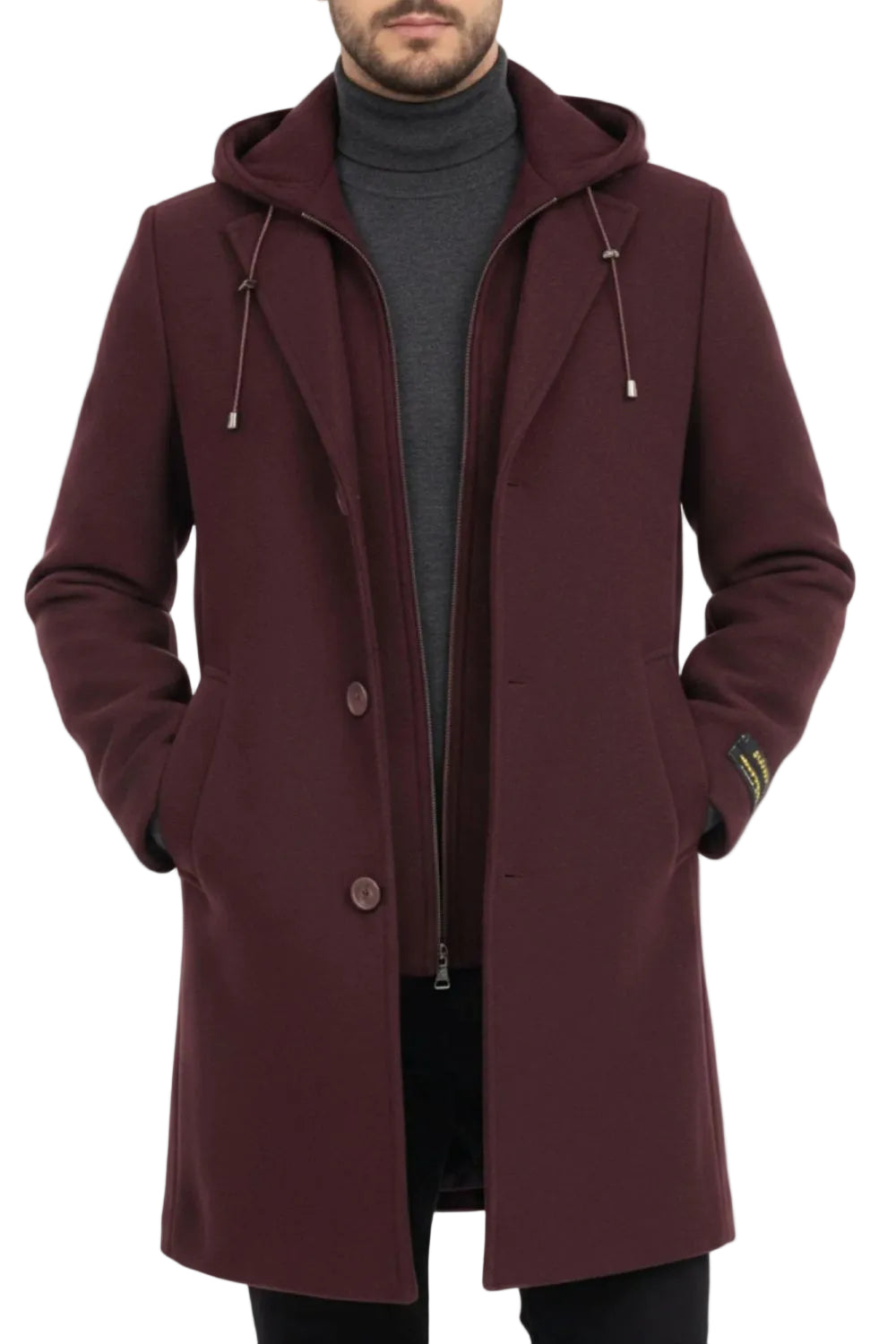 Maroon coat with a hood worn by a person on a white background