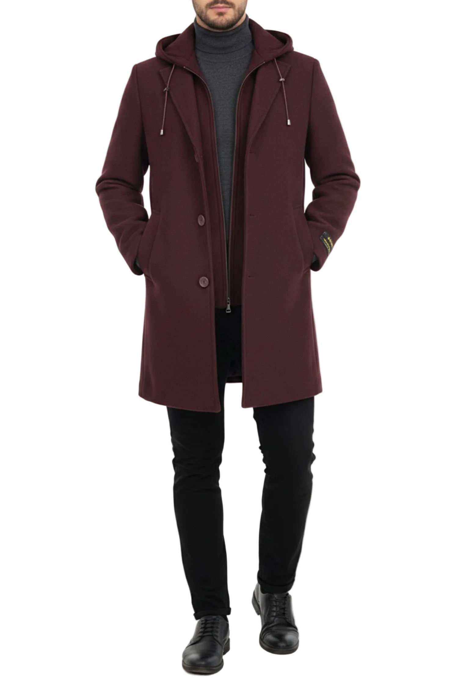 Burgundy Wool Slim Fit Top Coat with Hoodie