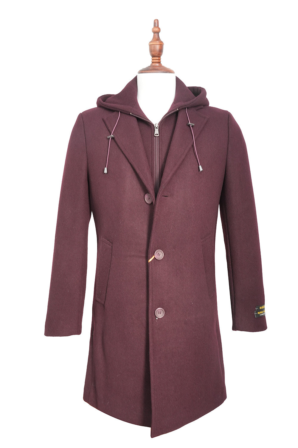 Solid Burgundy Wool Slim Fit Top Coat with Hoodie jacket, showing collar, buttons, and pockets on a white background.