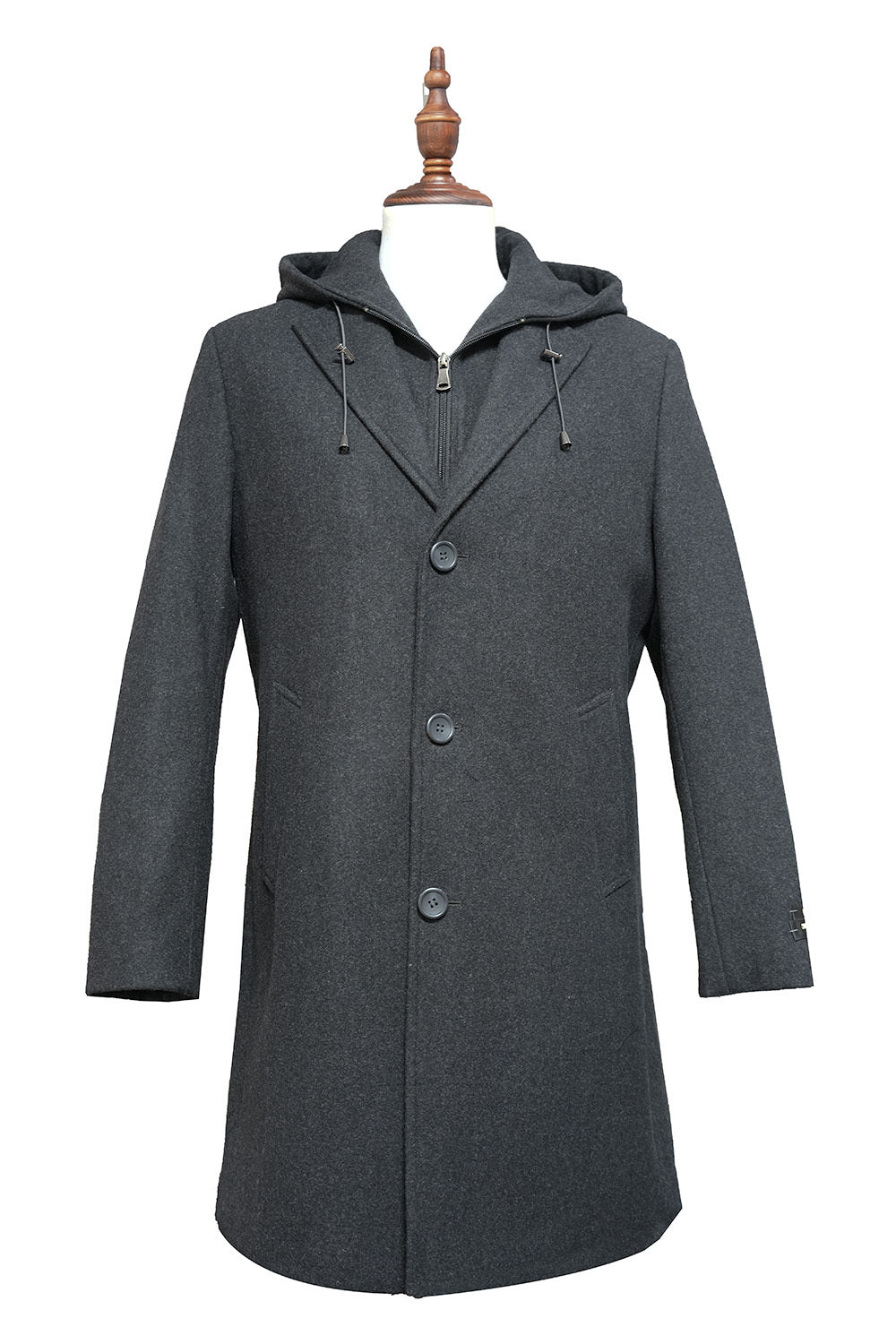 Solid Charcoal Wool Slim Fit Top Coat with Hoodie, showing collar, buttons, and pockets on a white background.