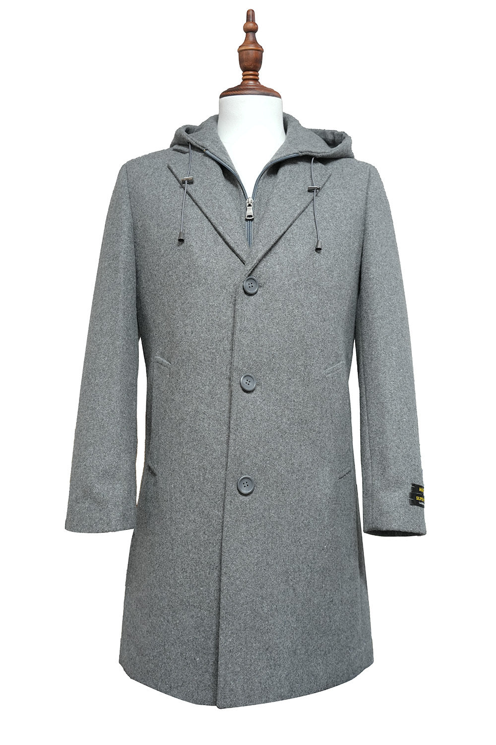 Solid Light Gray Wool Slim Fit Top Coat with Hoodie, showing collar, buttons, sleeves, and pockets on a white background.