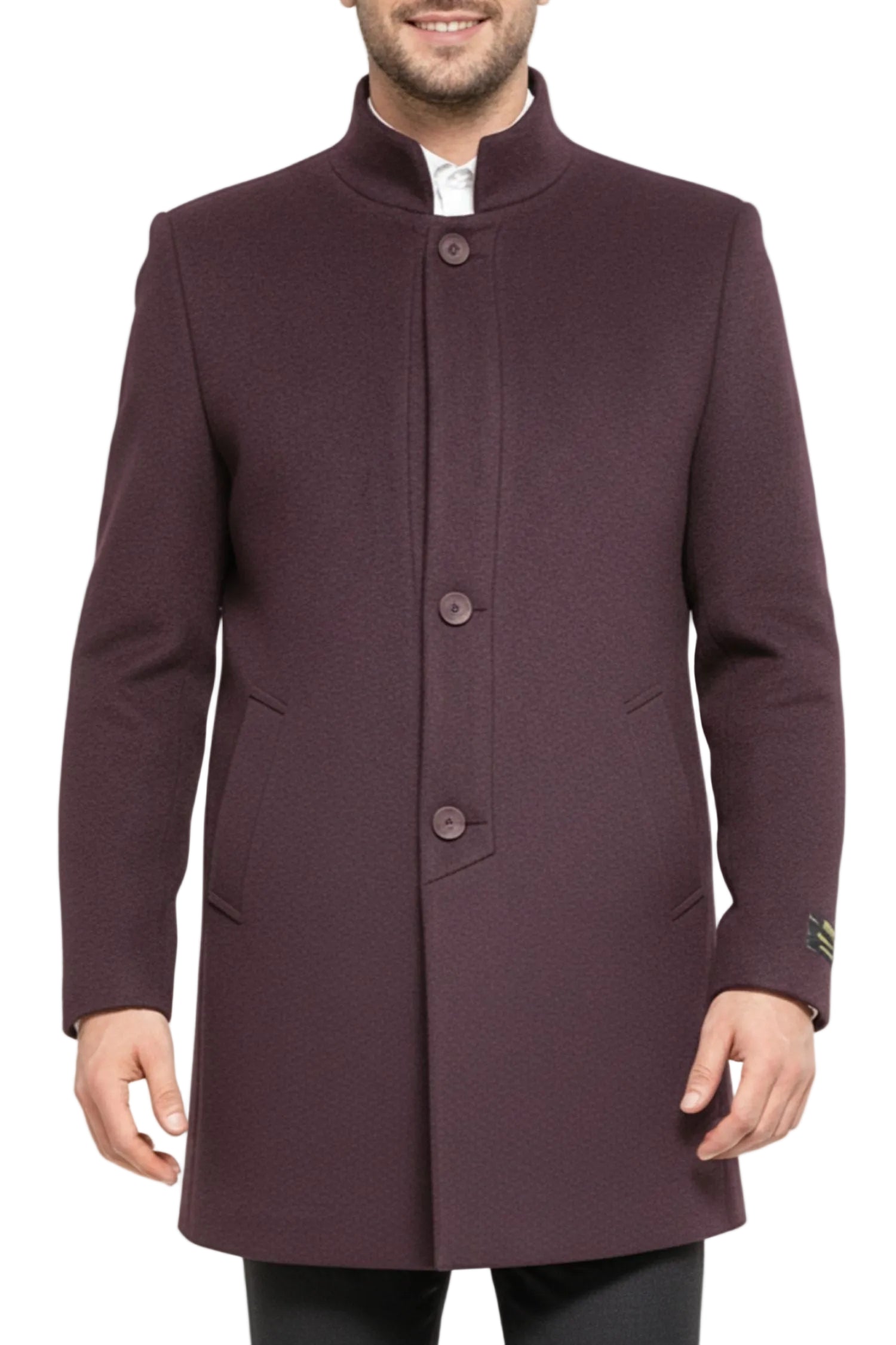 Man wearing a long Burgundy coat on a white background