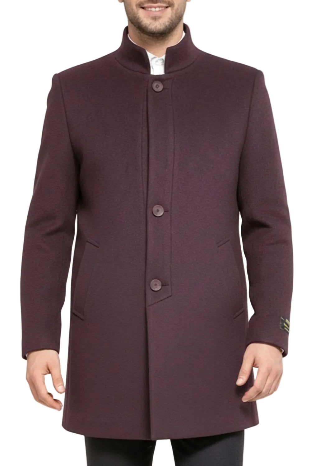 Man wearing a long purple coat on a white background