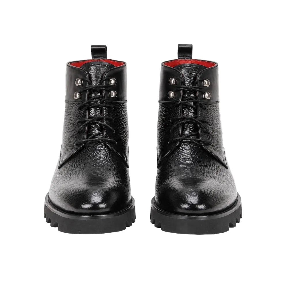 A pair of black textured leather lace-up ankle boots with silver metal eyelets, black laces, and chunky black soles, shown from the front on a white background.