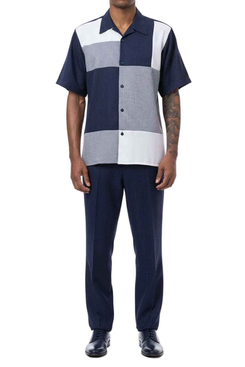 Navy Color Block Tone-on-tone Walking Suit 2 Piece Short Sleeve Set