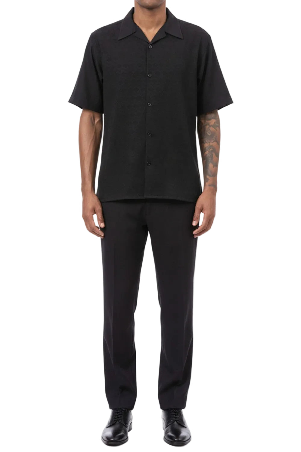 Black Tone-on-tone Walking Suit 2 Piece Short Sleeve Set