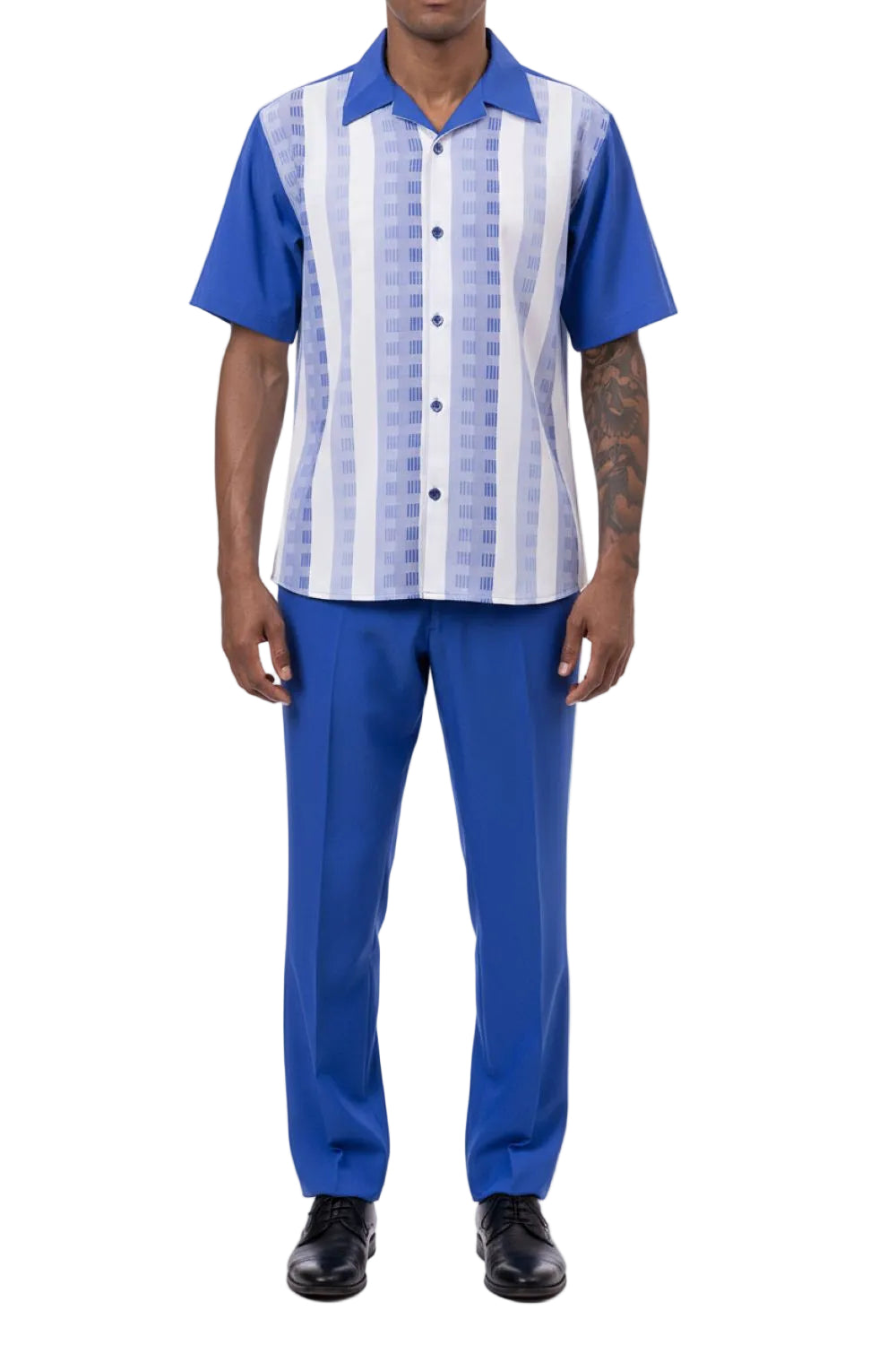 Man wearing a blue and white striped shirt with matching pants on a white background