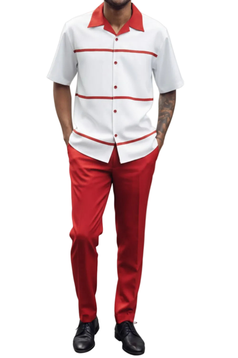 Crimson Horizontal Line Walking Suit 2 Piece Short Sleeve Set